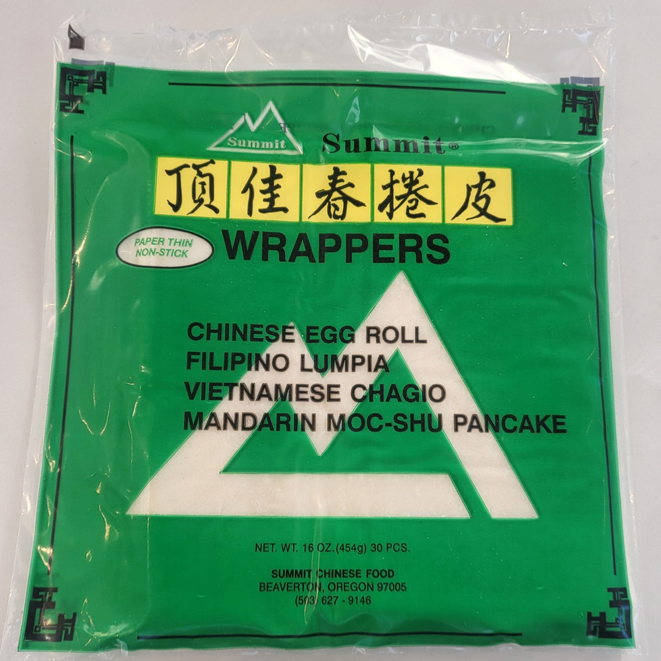 Green package of Summit brand wrappers for Chinese egg rolls, Filipino lumpia, and Vietnamese chagio.