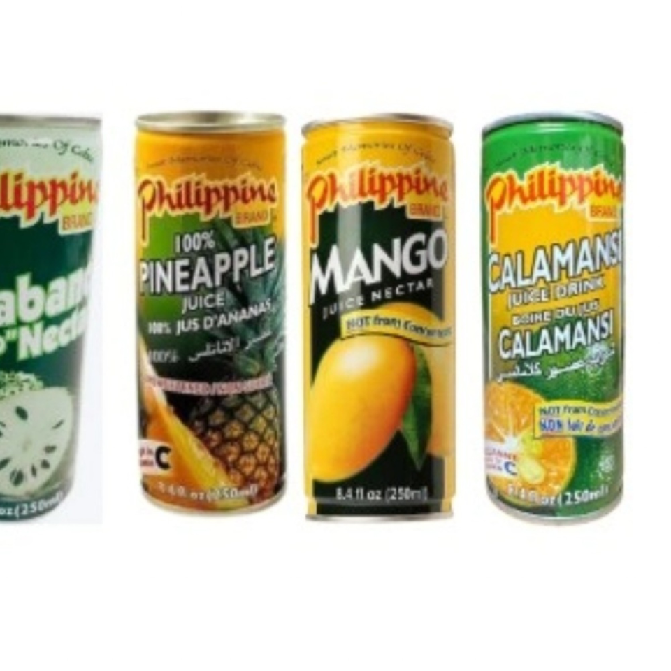 Four cans of Philippine Brand juices: Soursop, Pineapple, Mango, and Calamansi.