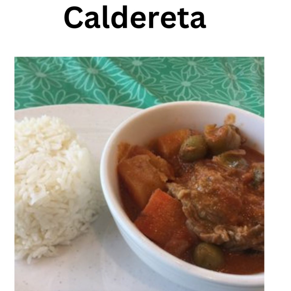 A bowl of Kuya’s Islander Cuisine Caldereta, a Filipino beef stew, with a side of white rice.