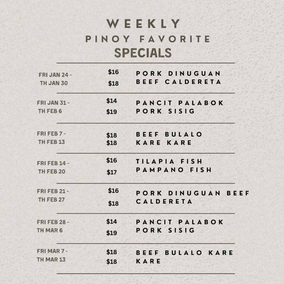Kuya's Islander Cuisine's weekly Pinoy favorite specials menu with dates, dishes, and prices.